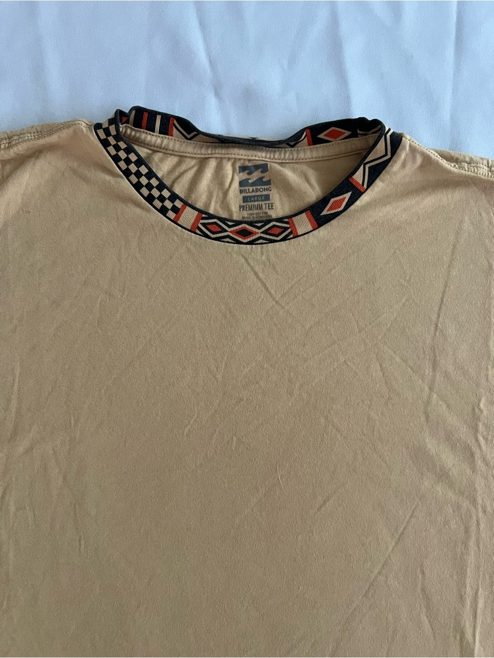 Billabong Tan Short Sleeve Tee with Patterned Black & Orange Collar